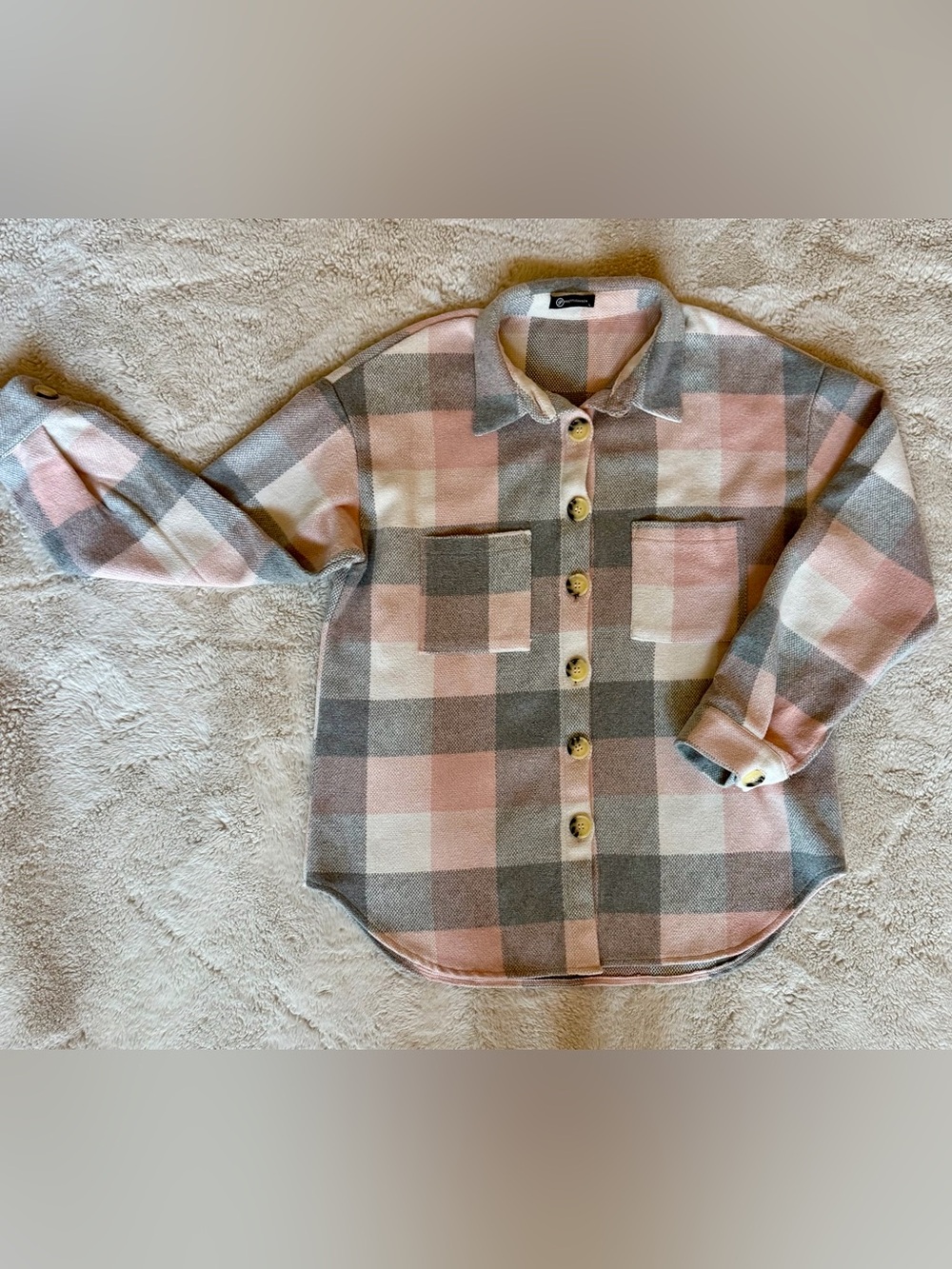 PRETTYGARDEN Pink Gray Plaid Oversized Shacket Jacket EUC